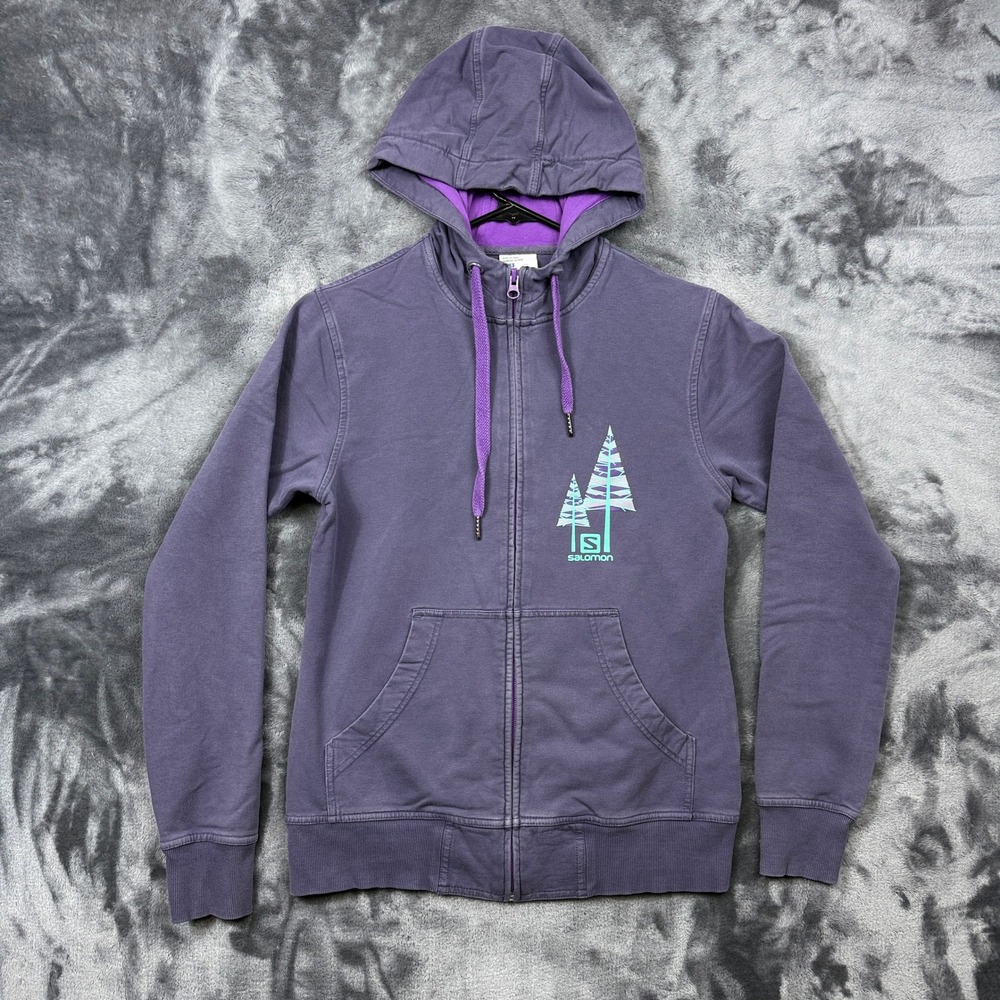 Salomon Full Zip Hoodie Women Small Purple Tree Graphic Outdoor Sweatshirt